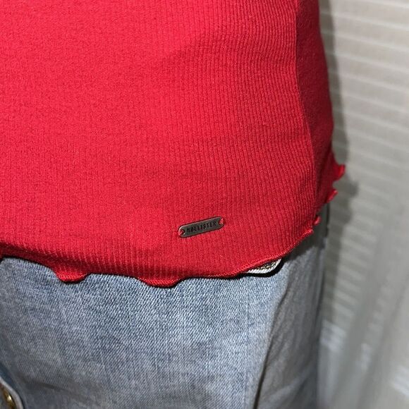 Hollister S Red Ribbed Cotton Crewneck Short Sleeve Tee Ruffle Hem & Sleeve - Picture 6 of 10
